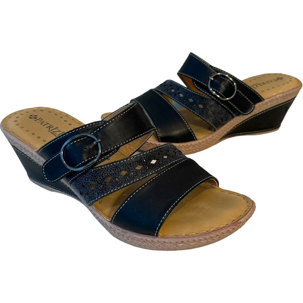 Patrizia Glukera Slides Sandals Black Leather Wedge Heel Buckle EU 39 US 8.5